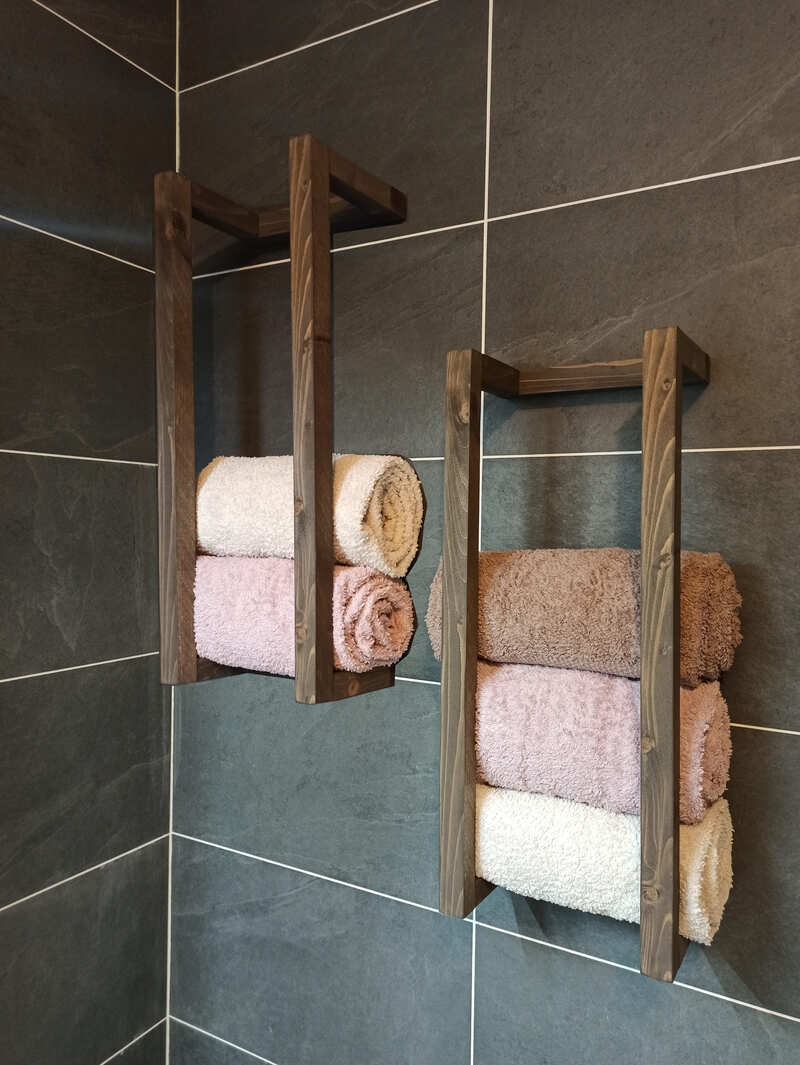 Porte-serviettes bois massif, meuble salle de bain - Cendré