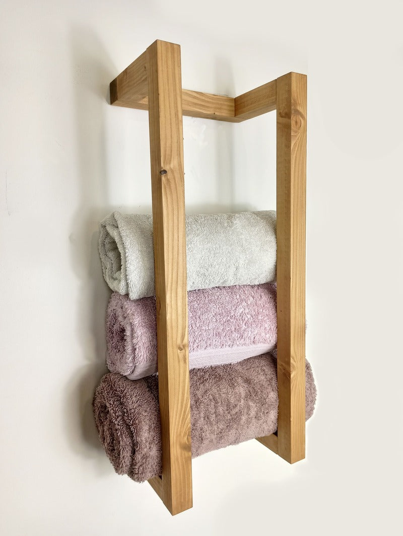 Porte-serviettes bois massif, étagère salle de bain