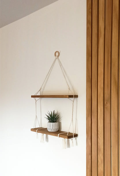Meuble fabriqué main - Etagère suspendue en bois & corde macramé - 2 étages - Holbox Spirit