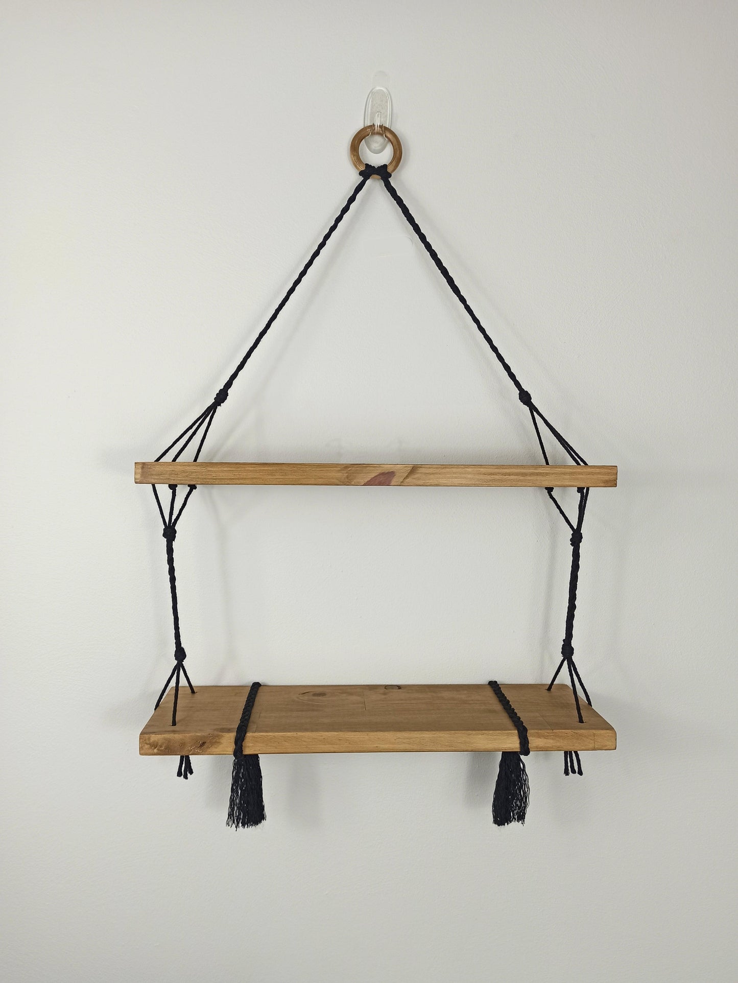 Etagere bois - Etagère suspendue en bois & corde tressée noire - 2 étages-Holbox Spirit
