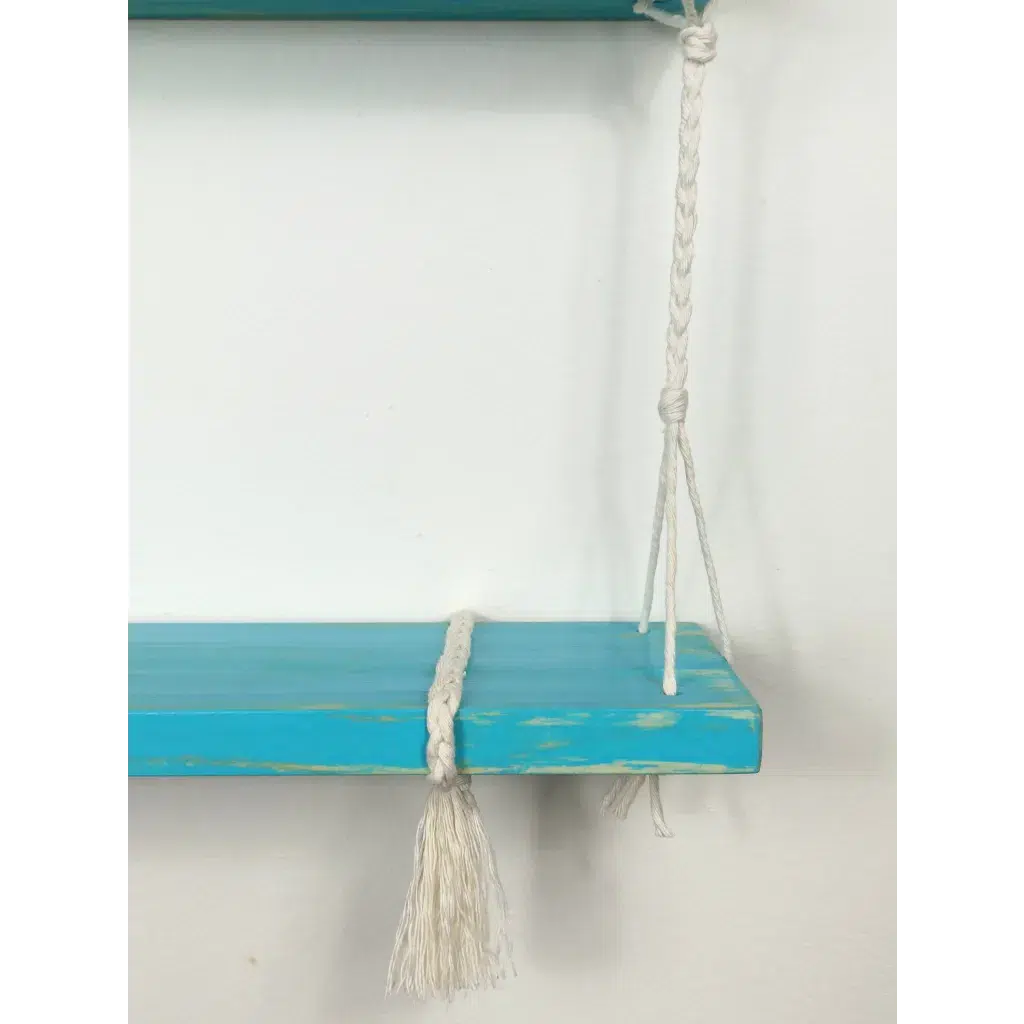 Décoration d'intérieur - Etagère suspendue en bois bleu & corde blanche - 2 étages-Holbox Spirit