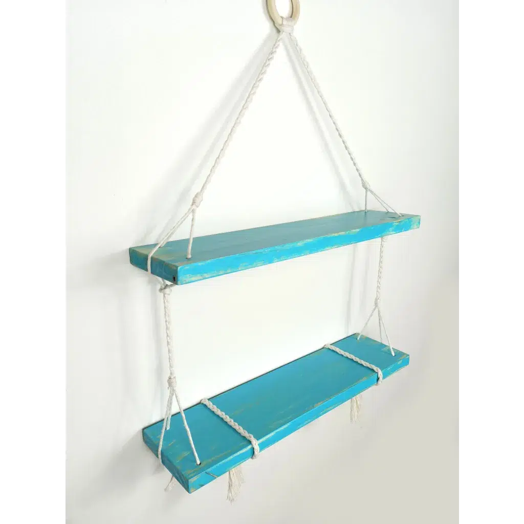 Etagere bois - Etagère suspendue en bois bleu & corde blanche - 2 étages-Holbox Spirit