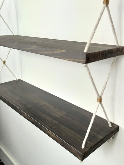 Etagère suspendue en bois cendré 3 étages & corde blanche - Holbox Spirit